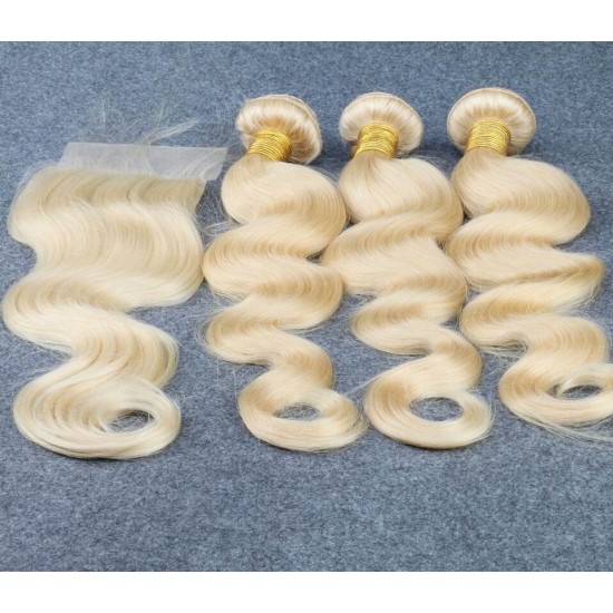 Russian Body Wave Natural Blonde #613 Lace Closure 4x4 Light blonde style European Fashion 1 piece