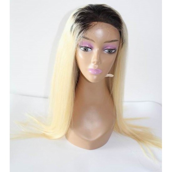 Blonde #613 closure wig with dark roots silky straight Russian blonde human hair 180% density