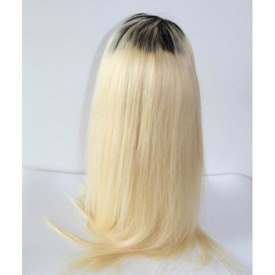 Blonde #613 closure wig with dark roots silky straight Russian blonde human hair 180% density