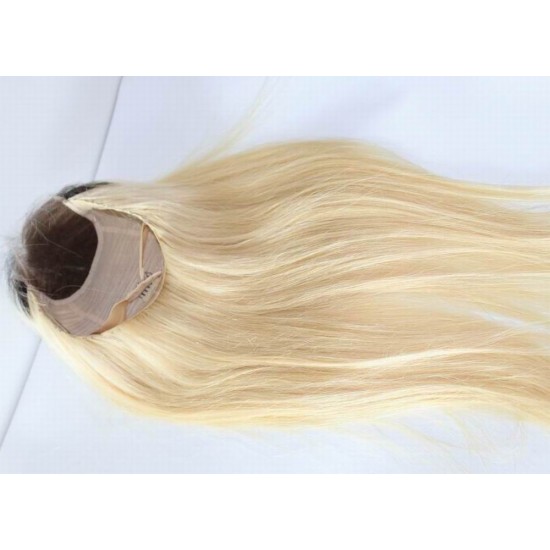 Blonde #613 closure wig with dark roots silky straight Russian blonde human hair 180% density